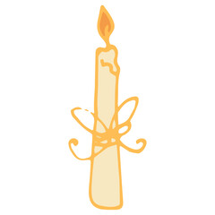 the icon of a long thin burning candle with a yellow bow. Vintage hand-drawn greeting candle made of wax with a doodle bow. Retro sketch icon with