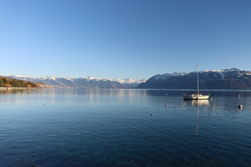 Fototapeta na wymiar Le lac Léman vu depuis Lausanne, ville de Lausanne, canton de Vaud, Suisse