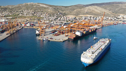 Aerial drone photo of industrial container logistics unloading import and export container terminal of Perama - Piraeus