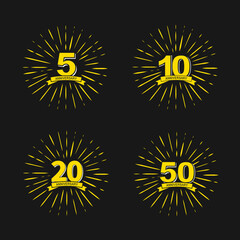5 10 20 50 years anniversary set logo celebration with firework and ribbon. Vector illustration.
