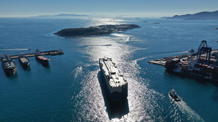 Aerial drone photo of international car terminal and Ro Ro boat terminal in Keratsini area,...