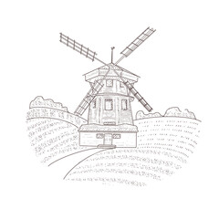 An old wooden mill in the village fields. Vintage farm landscape in engraved style.