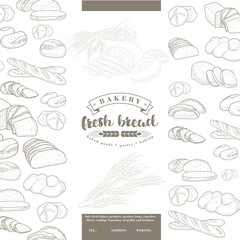 Vintage booklet, leaflet or banner for bakery design. Bread in the engraving style and the bakery logo.