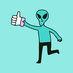 Alien character holding thumb up sign, illustration for t-shirt, sticker, or apparel merchandise. With retro cartoon style.