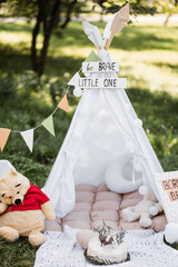 Child birthday on fresh air with wigwam, various toy and tasty cake. Festive mood from colorful...