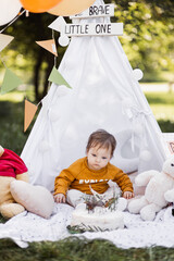 Cute baby boy sitting inside toy wigwam near his beautiful tasty birthday cake. Celebration of one year old child birthday on fresh air. © Sofiia Shunkina