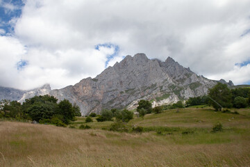 View of the rocky peaks of the Pyrenees, covered with low clouds. In the foreground is a green meadow and trees.