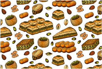 Sketch drawing pattern of colorful oriental sweets isolated on transparent background. Hand drawn Turkish pistachios baklava wallpaper for food menu, packaging. Arabian bakery. Vector illustration. - 486583402