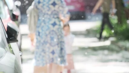 Closeup flying natural white poplar fluff summer city park with bright sun glare light blur bokeh. Fuzz cottonwood seasonal allergic healthcare hazard. Day light at forest garden tree leaves foliage