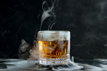 A classic cocktail in a tumbler surrounded by smoke. 