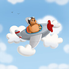 The bear pilot controls the helicopter. Illustration for postcards and more.
