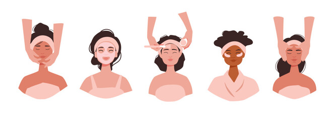 Cute girls take care of face skin at spa and at home. Multi ethnic women apply cosmetic cream and do face massage and treatment. Flat vector illustration set isolated on white background. 