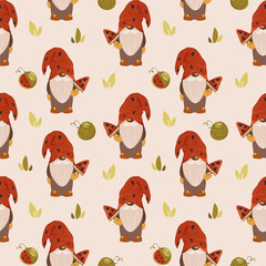 Seamless pattern with cute scandinavian gnomes and watermelons on beige background