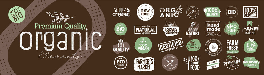 Organic food, farm fresh and natural product signs collection for food market, ecommerce, restaurant, healthy life. Vector illustration concepts for web design, packaging design, marketing.