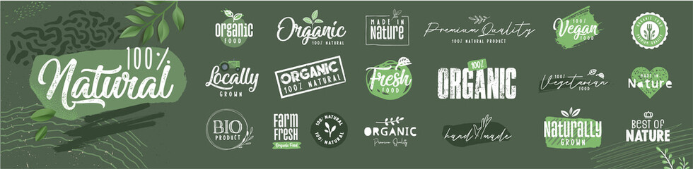 Organic food, farm fresh and natural product signs collection for food market, ecommerce, restaurant, healthy life. Vector illustration concepts for web design, packaging design, marketing. © PureSolution