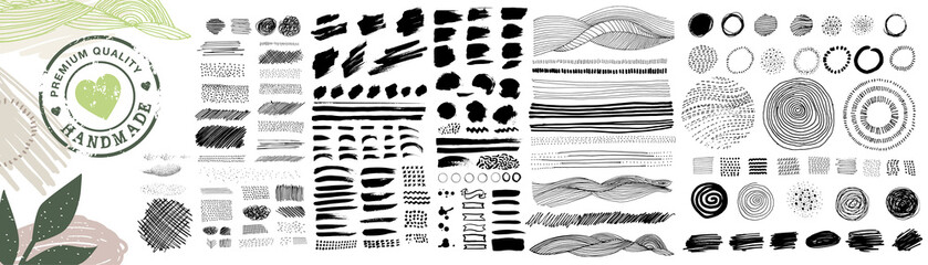 Set of hand drawn graphic elements, brush strokes, textures and patterns for organic and natural products. Vector illustration concepts for graphic and web design, packaging design, marketing material - obrazy, fototapety, plakaty