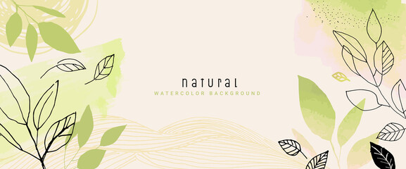 Natural watercolor vector background for graphic and web design, business presentation, marketing. Hand drawn illustration for natural and organic products, beauty and fashion, cosmetics and wellness. - obrazy, fototapety, plakaty