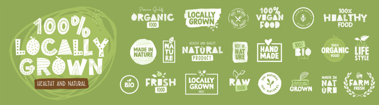 Organic food, farm fresh and natural product signs collection for food market, ecommerce, restaurant, healthy life. Vector illustration concepts for web design, packaging design, marketing.