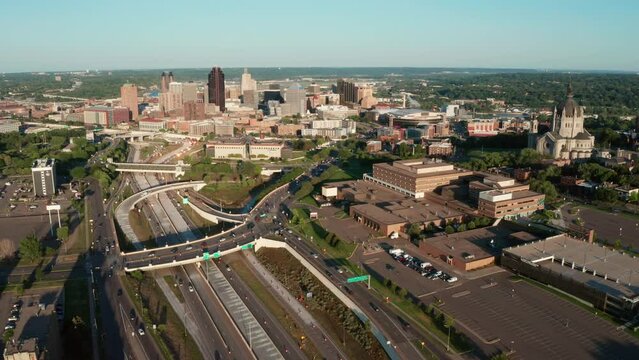 4K UHD aerial view of the city center area of the capital in St Paul Minnesota 