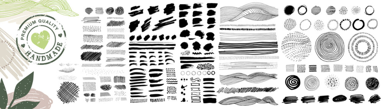 Set of hand drawn graphic elements, brush strokes, textures and patterns for organic and natural products. Vector illustration concepts for graphic and web design, packaging design, marketing material