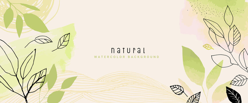 Natural watercolor vector background for graphic and web design, business presentation, marketing. Hand drawn illustration for natural and organic products, beauty and fashion, cosmetics and wellness.
