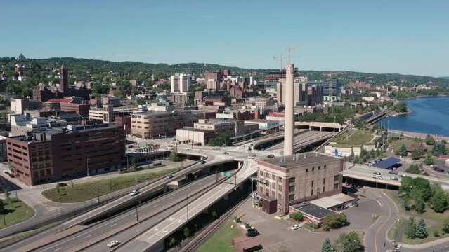 Aerial View Moving in Towards Town in Duluth Minnesota USA 4K UHD