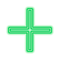 Green neon cross isolated on white. One object. Plus sign