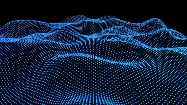 Blue wavy surface of scaling dots on a black background loop. 