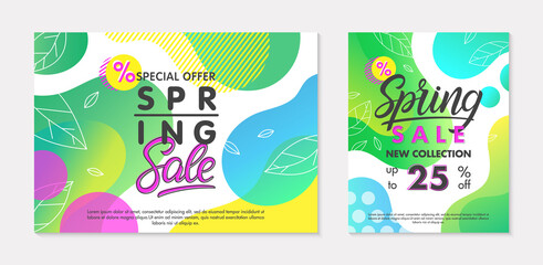 Fototapeta na wymiar Set of spring sale banners with green gradient backgrounds;linear leaves;bright fluid shapes and geometric elements.Special offer layouts for ads;flyers,promos;web banners,social media.