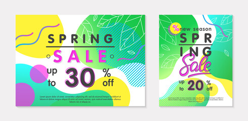 Set of spring sale banners with green gradient backgrounds;linear leaves;bright fluid shapes and geometric elements.Special offer layouts for ads;flyers,promos;web banners,social media.