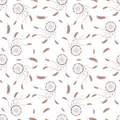 Watercolor seamless pattern with feathers and dreamcatchers for fabric and wallpaper