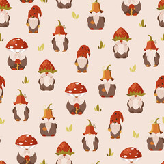 Seamless pattern with gnomes, amanita and leaves on beige background