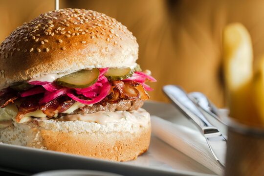 Beef Burger With Pickles.