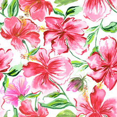 Hibiscus watercolor seamless pattern . Red pink tropic flowers ornament for textile, fabric and wallpaper. - 486589039