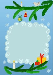 Layout letter to Santa Claus with fir branches, gifts and snowflakes. Christmas card in flat style