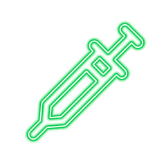 Green neon stylized syringe contour isolated on white
