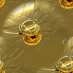 Gold seamless abstraction with a transparent ball. A golden drop of liquid gold on a golden texture. 3D image.
