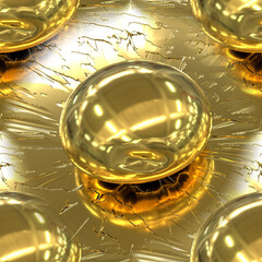Gold seamless abstraction with a transparent ball. Close-up of a golden drop of liquid gold on a golden texture with cracks. 3D image.
