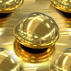 Gold seamless abstraction with a transparent ball. Close-up of a golden drop of liquid gold on a golden texture with smooth lines. 3D image.
