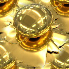 Gold seamless abstraction with a transparent ball. Close-up of a golden drop of liquid gold on a golden texture. 3D image.
