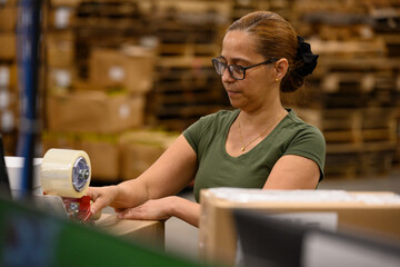 Employee tapes box at warehouse workstation