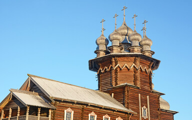 Old wooden monastery on Kizhi island. Russia, Karelia. Winter