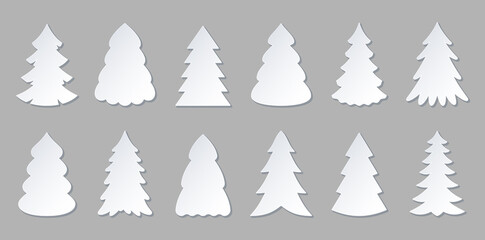 Fototapeta premium Paper cut christmas tree origami sticker flat set. Abstract collection tree 3d model template. Blank banner label badge simple variety shape. Holiday decoration handmade crafts winter object isolated