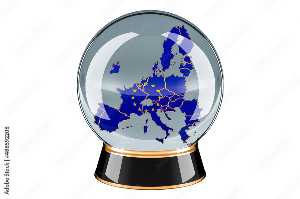 Poster crystal ball with the eu map. forecasting and prediction for the european union, concept. 3d renderi
