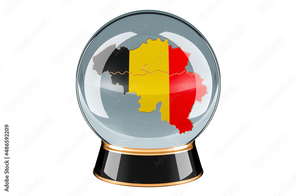 Poster crystal ball with belgian map. forecasting and prediction for belgium, concept. 3d rendering