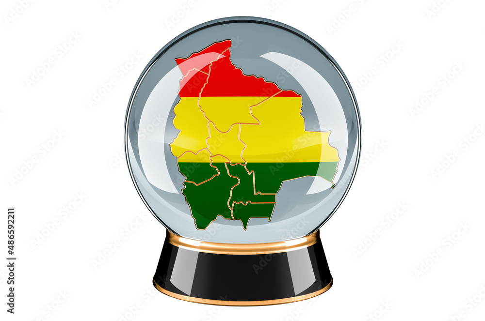 Poster crystal ball with bolivian map. forecasting and prediction for bolivia, concept. 3d rendering