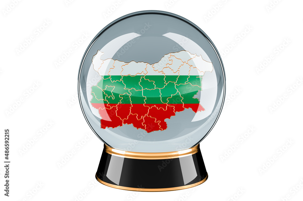 Poster crystal ball with bulgarian map. forecasting and prediction for bulgaria, concept. 3d rendering