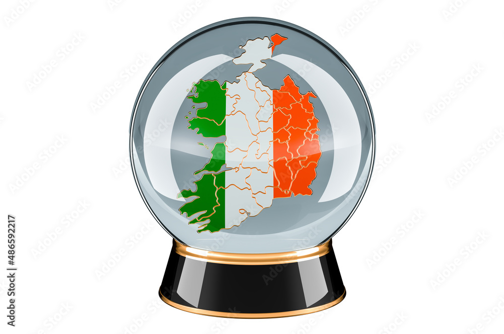 Poster crystal ball with irish map. forecasting and prediction for ireland, concept. 3d rendering