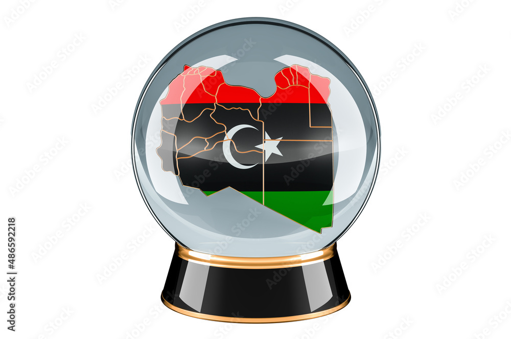 Poster crystal ball with libyan map. forecasting and prediction for libya, concept. 3d rendering