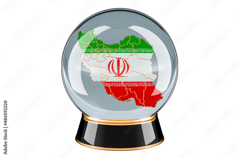 Poster crystal ball with iranian map. forecasting and prediction for iran, concept. 3d rendering